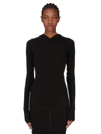 RICK OWENS FW25 CONCORDIANS CROPPED HOODED RIB LS T IN ZWARTE RAININO RIB JERSEY. RP02E4210RJR-09 RICK OWENS FW25 CONCORDIANS CROPPED HOODED RIB LS T IN ZWARTE RAININO RIB JERSEY. RP02E4210RJR-09