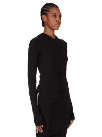 RICK OWENS FW25 CONCORDIANS CROPPED HOODED RIB LS T IN ZWARTE RAININO RIB JERSEY. RP02E4210RJR-09 RICK OWENS FW25 CONCORDIANS CROPPED HOODED RIB LS T IN ZWARTE RAININO RIB JERSEY. RP02E4210RJR-09
